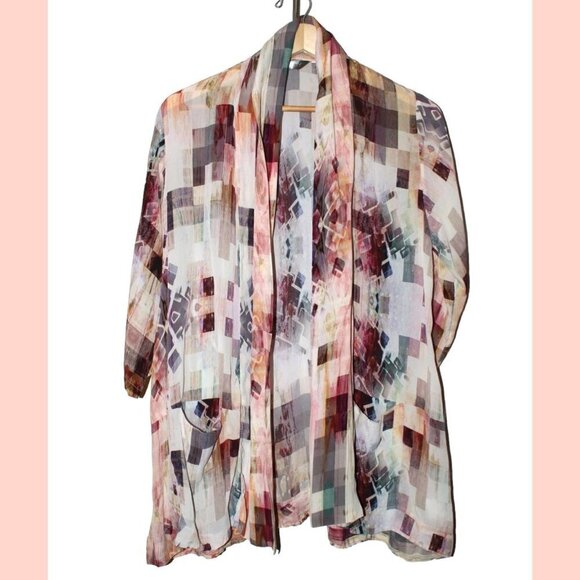 APNY Burgundy Abstract Long women's Cardigan multicolor open frontKimono Size L? - Picture 8 of 16